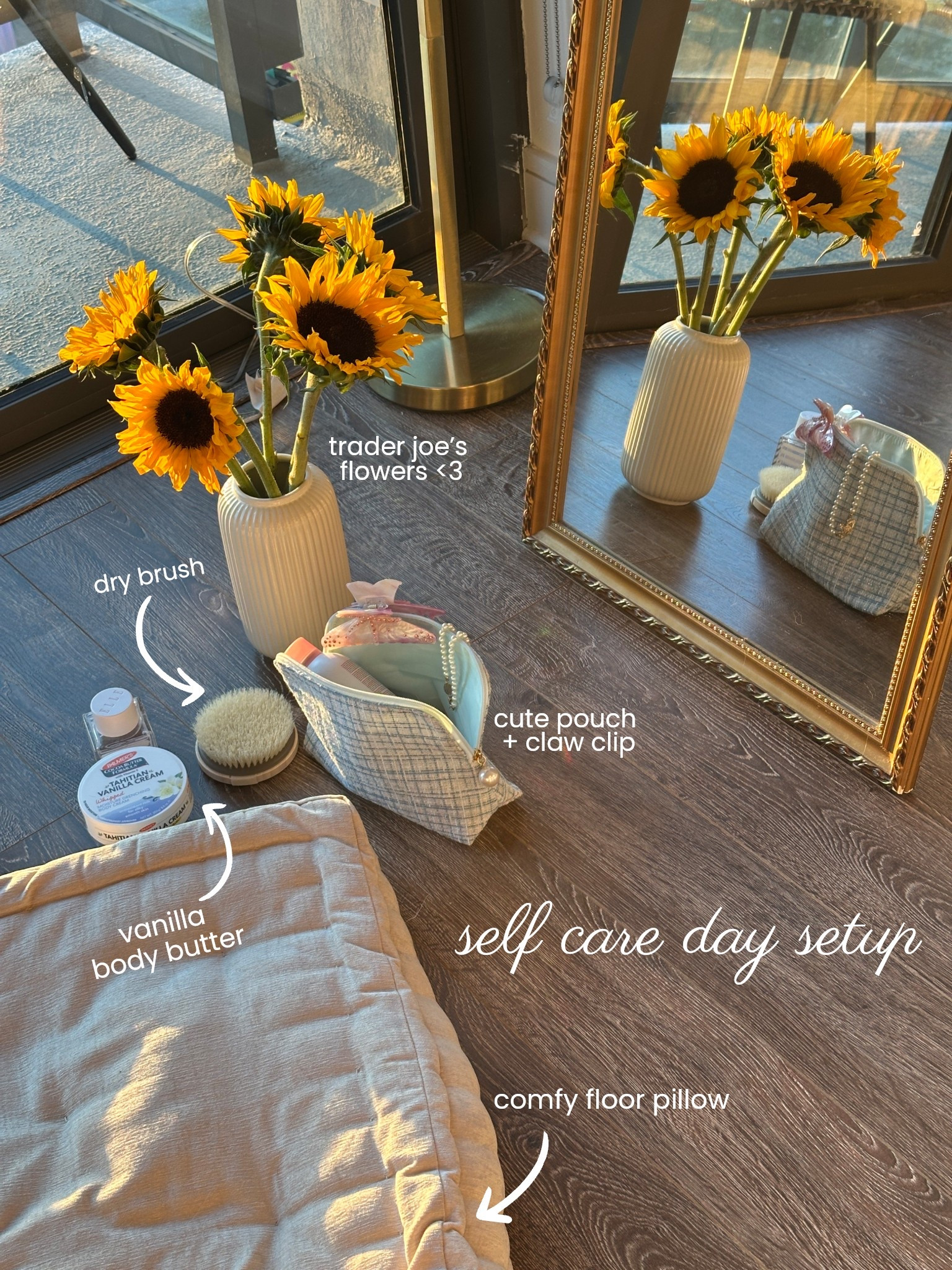 self care day at home essentials:

• body butter cream (I’ve been loving the Palmer’s Tahitian Vanilla lately - smells like PURE vanilla and lasts all day! I’ve never seen anything so good at this price point) 

• dry body brush - use on dry skin before showering to help slough off old skin cells
 
• comfy floor cushion - i use this while eating at the coffee table, or doing makeup and skincare by the floor mirror
 
• cute woven makeup pouch to store all your essentials (this one was a gift w purchase at Ulta - but added similar affordable ones that also look cute in pics :)) 

• some seasonal flowers like sunflowers to add a pop of color to your home 🌻🫶 shoutout trader joe’s and their $5 flowers hehe 

save for your next cozy day at home! 🥰

[sunny home decor, aesthetic home vibes, golden hour lighting, body care wellness routine, clean girl aesthetic, autumn skin routine ideas for dry skin, drugstore finds, amazon favorites for fall]

#LTKHome #LTKBeauty #LTKSeasonal