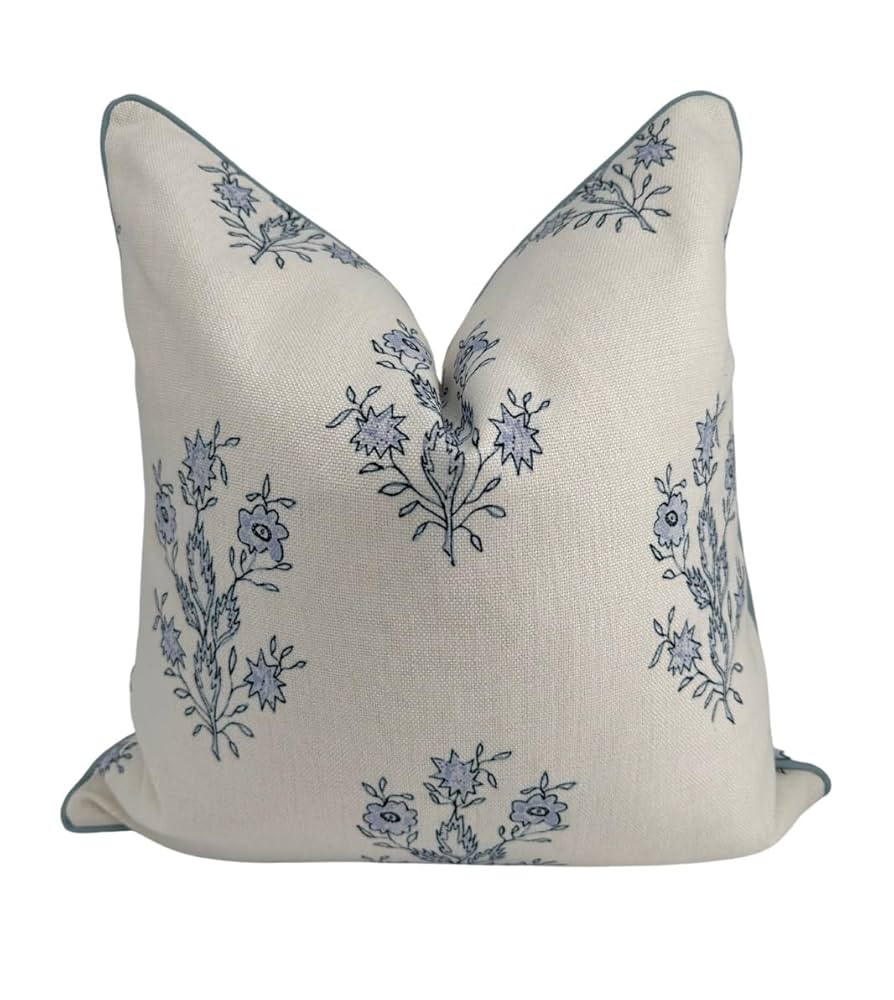 “The Mary” Periwinkle Floral Block Print Pillow Cover – Blue and Off-White Decorative Throw... | Amazon (US)