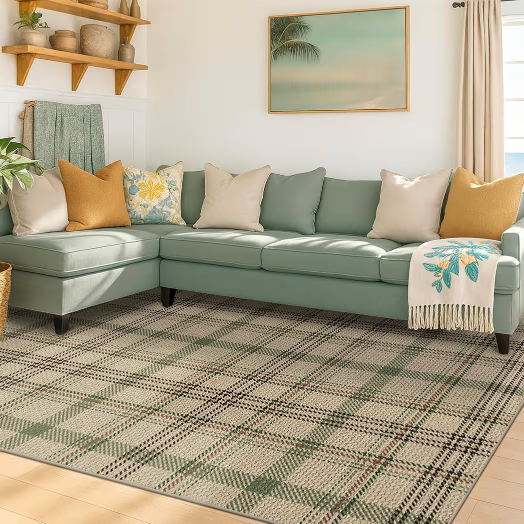 JTJ 5x7 Plaid Area Rug for Living Room - Easy Jute Outdoor Indoor Rug for Bedroom, Non Slip Farmh... | Amazon (US)