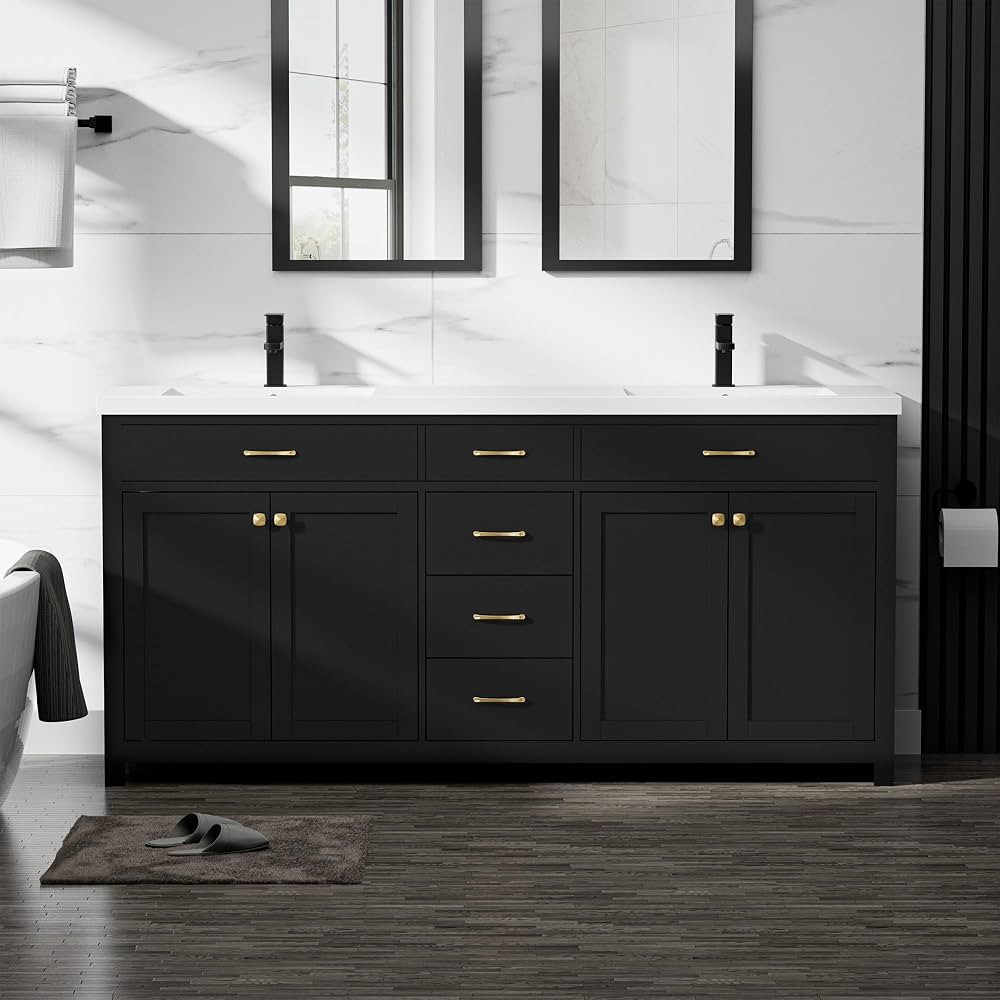 LUCKWIND 72" Modern Bathroom Vanity with Sink Combo, Contemporary Painted Storage Cabinet and Double White Sink, Include Soft-Closing Doors & Matte Black Faucet, Black | Amazon (US)