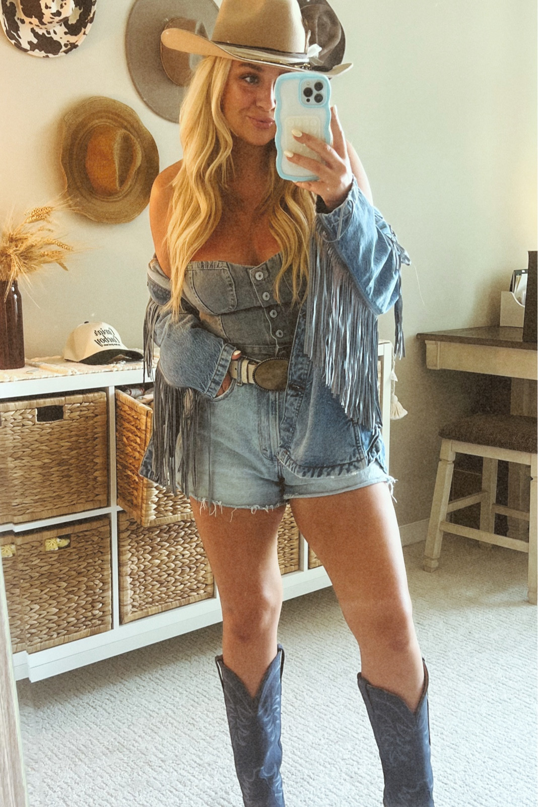 Wearing a 30 in my favorite Abercrombie denim shorts full on denim outfit Free people fringe denim jacket, country concert outfit info

#LTKmidsize