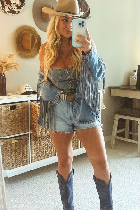 Wearing a 30 in my favorite Abercrombie denim shorts full on denim outfit Free people fringe denim jacket, country concert outfit info

#LTKmidsize