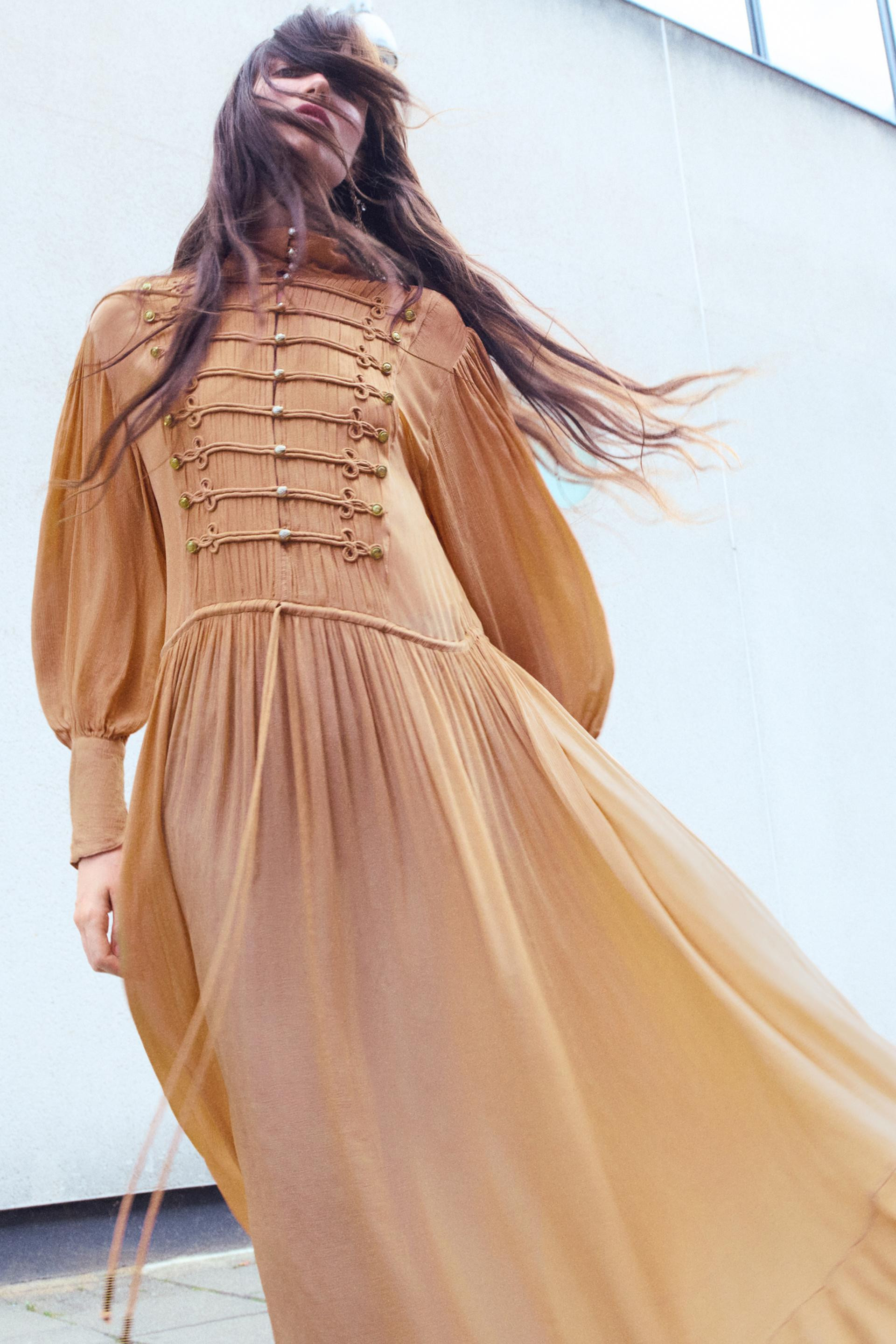 Zara - Zw Collection Long Frog Fastening Dress - Orange - Xs - Woman | Zara US