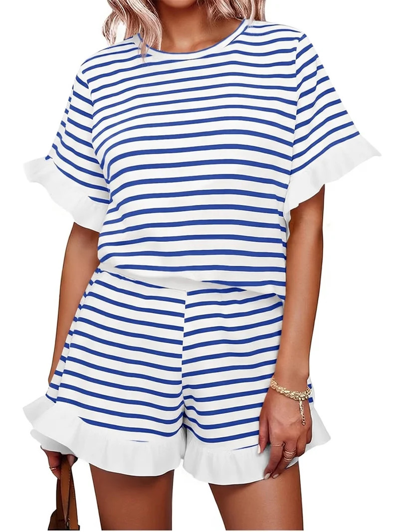 Short Sleeve Stripe Print Women 2 Piece Sets Ruffle Shirt and Shorts Outfit | Walmart (US)