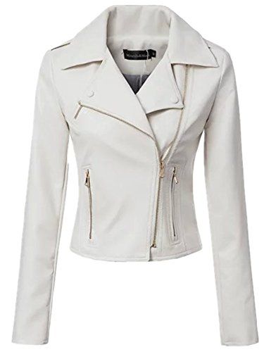 Season Show Women's Slim Fit Faux Leather PU Moto Biker Jacket White S | Amazon (US)