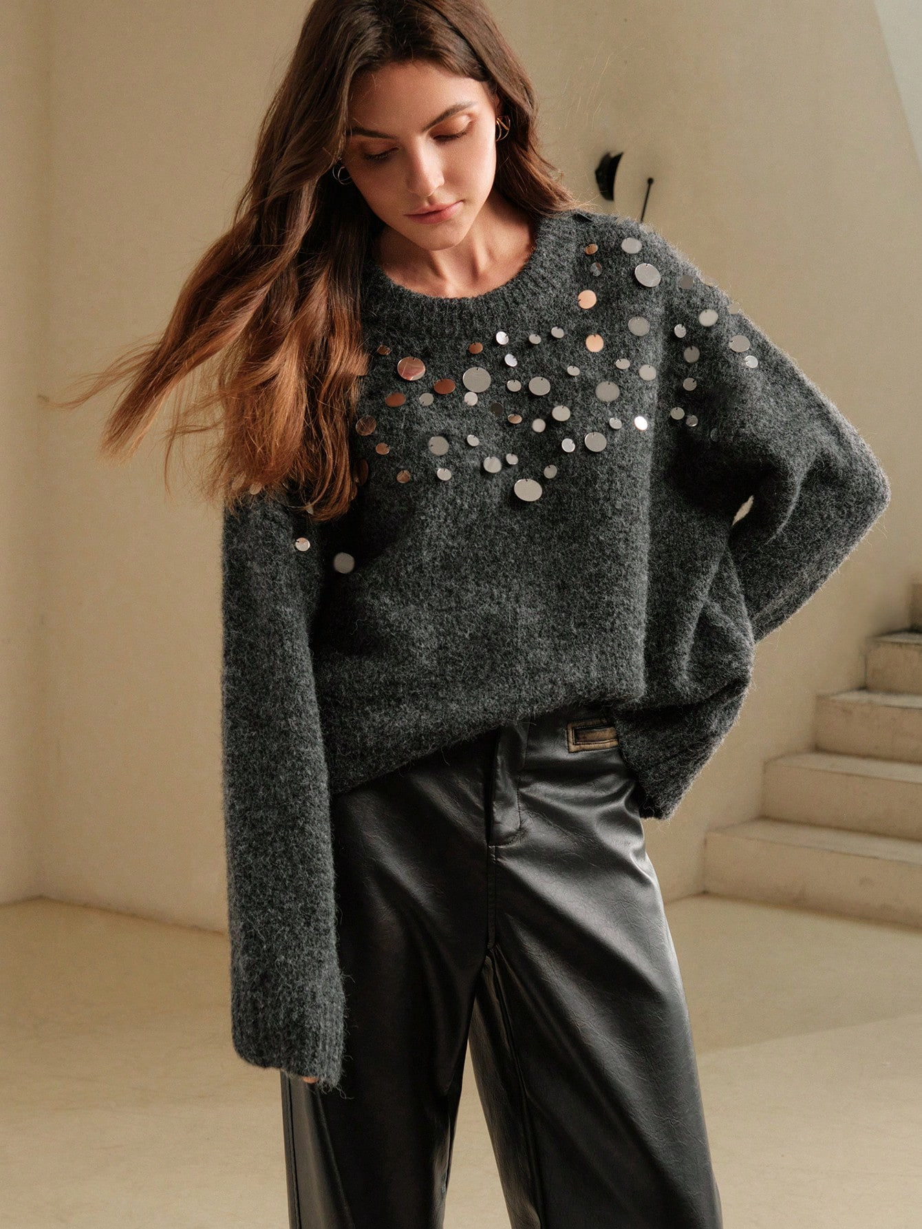 Anewsta Christmas Party Style Oversized Sequin Detail Grey Sweater For Women | SHEIN USA | SHEIN