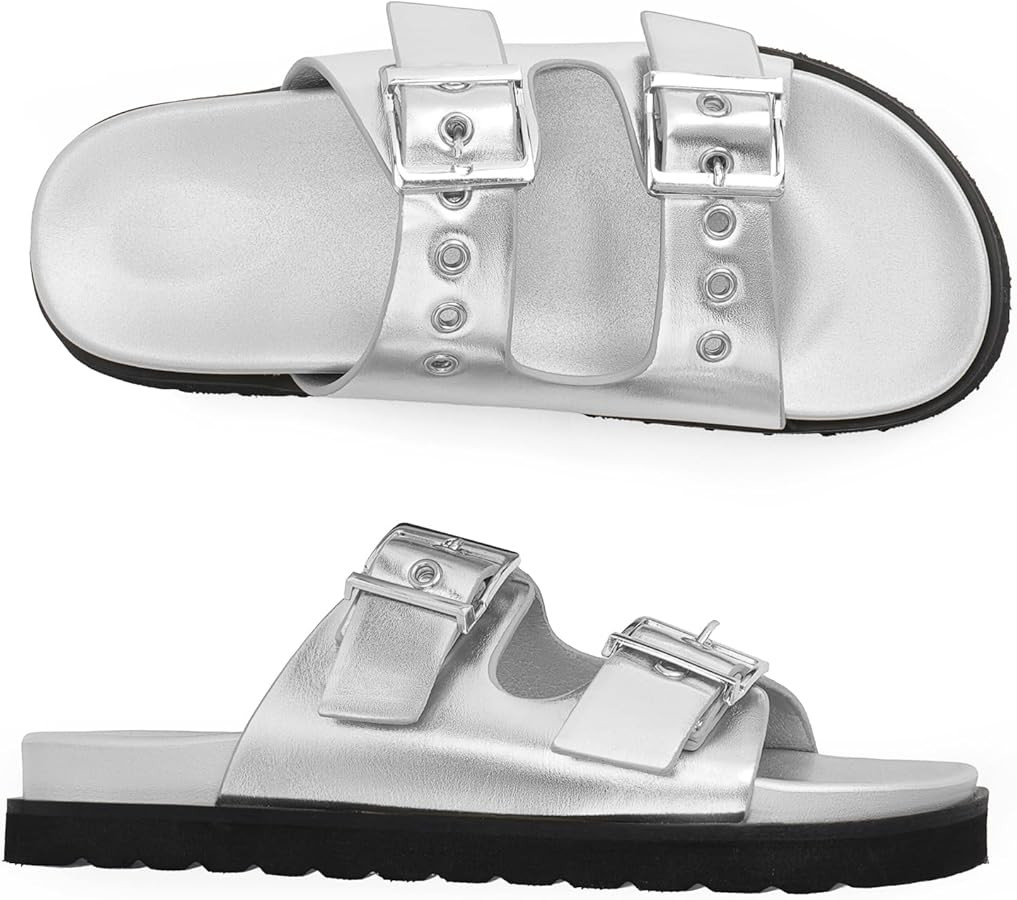 Easyfox Womens Flat Slide Sandals Double Buckle Adjustable Flat Sandals Slip On Platform Sandals ... | Amazon (US)