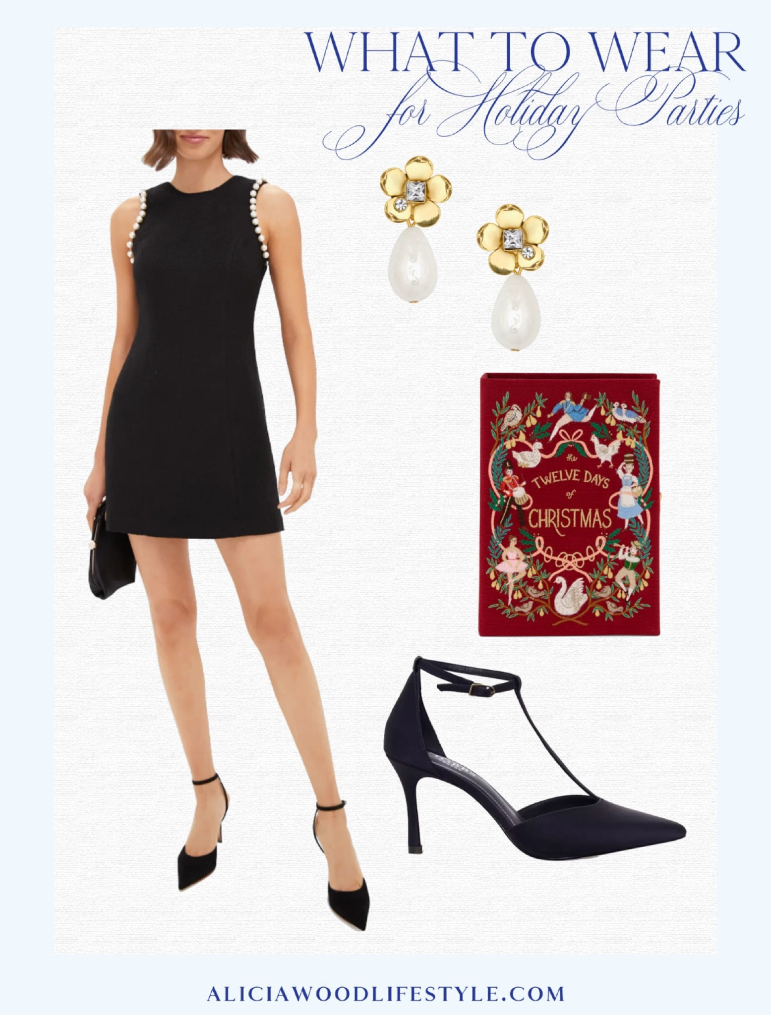 Holiday party Style

Mini black dress with pearl detail 
Black ankle strap pumps
Gold floral drop pearl earrings
Olympus le Tan Twelve Days of Christmas  handbag 


#LTKHoliday #LTKStyleTip #LTKParties