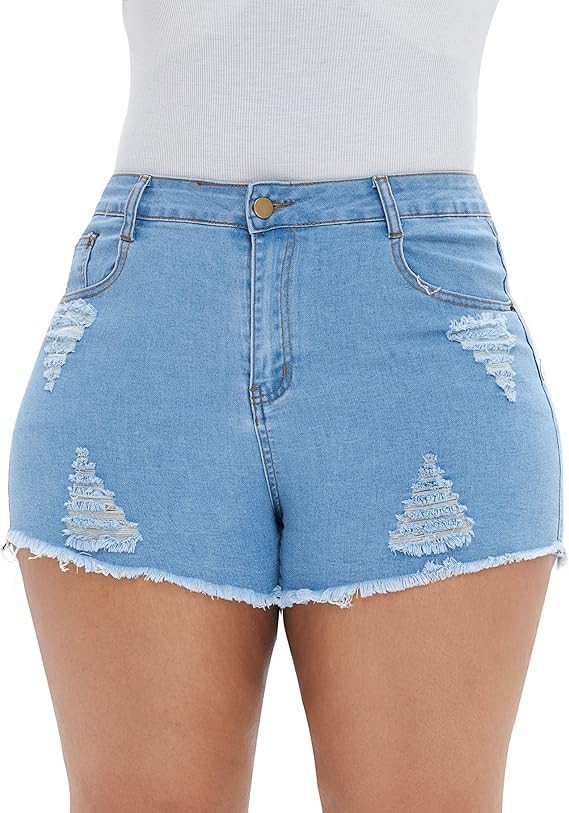 Cuihur Women's Plus Size Casual Denim Shorts High Waisted Stretchy Summer Folded Hem Jean Shorts | Amazon (US)