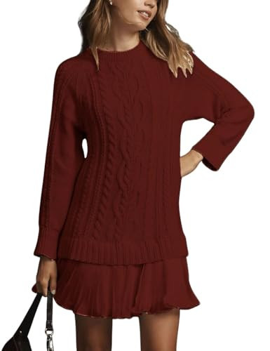 Long Sleeve Dress for Women 2025 New Crew Neck Cable Knit Sweater Dress Turtleneck Pleated Mini Dress Casual Winter Outfits (Burgundy,Small) | Amazon (US)