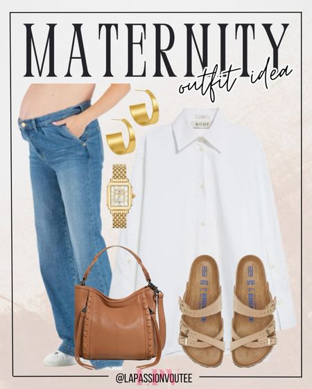 Stay stylish this summer with maternity wide-leg jeans and a back slit shirt. Complete the look with classic hoop earrings, a sleek watch, a bucket crossbody bag, and comfy slide sandals. Perfect for moms-to-be who want a blend of comfort and chic fashion!

#LTKStyleTip #LTKBump #LTKSeasonal