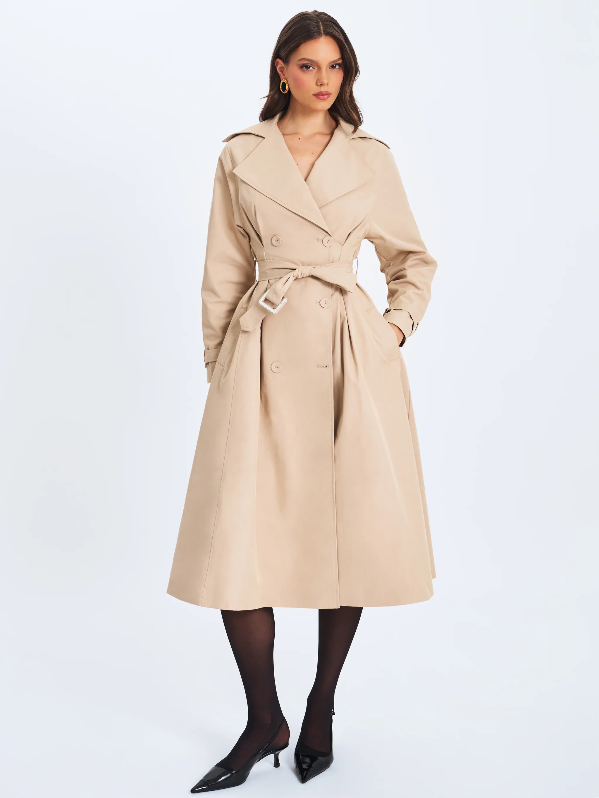 Ulila Beige Double-Breasted Pleated Cotton-Blend Trench Coat | Miss Circle