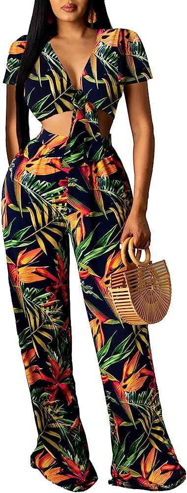 YouSexy Women's 2 Piece Wide Leg Pant Sets Floral Tie Front Crop Tops Long Pants Metching Outfits | Amazon (US)