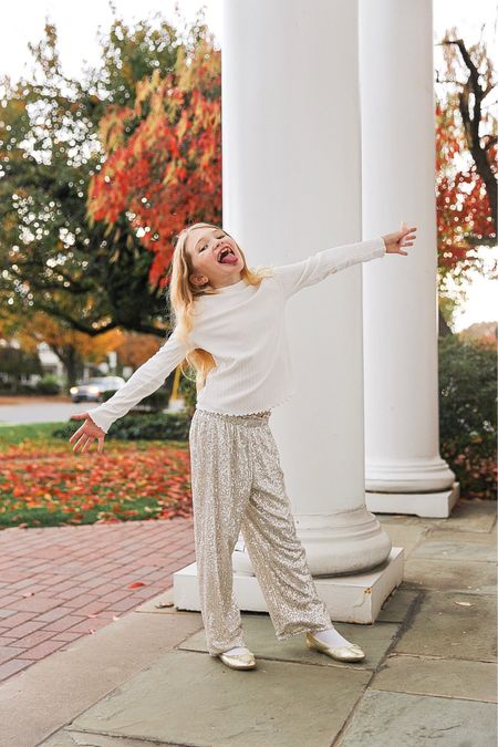 Girly and glam for the holiday season! ✨✨✨ These sequin pants are comfy and cute and fit true to size. Little girls will absolutely love them and they even remind us of Barbie’s sequin jumpsuit in the movie! 

#LTKHoliday #LTKkids #LTKGiftGuide