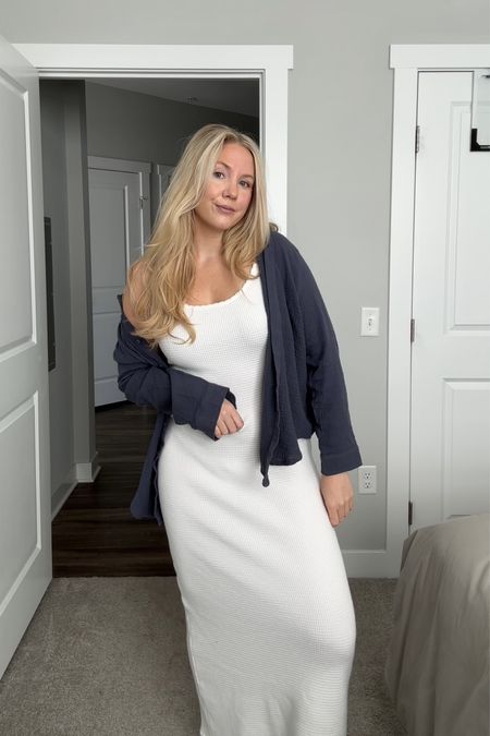 Love this white maxi dress for summer or vacation. It’s a thicker knit material. Paired it with a navy linen shirt for an easy outfit. 

#LTKSeasonal #LTKstyletip #LTKtravel