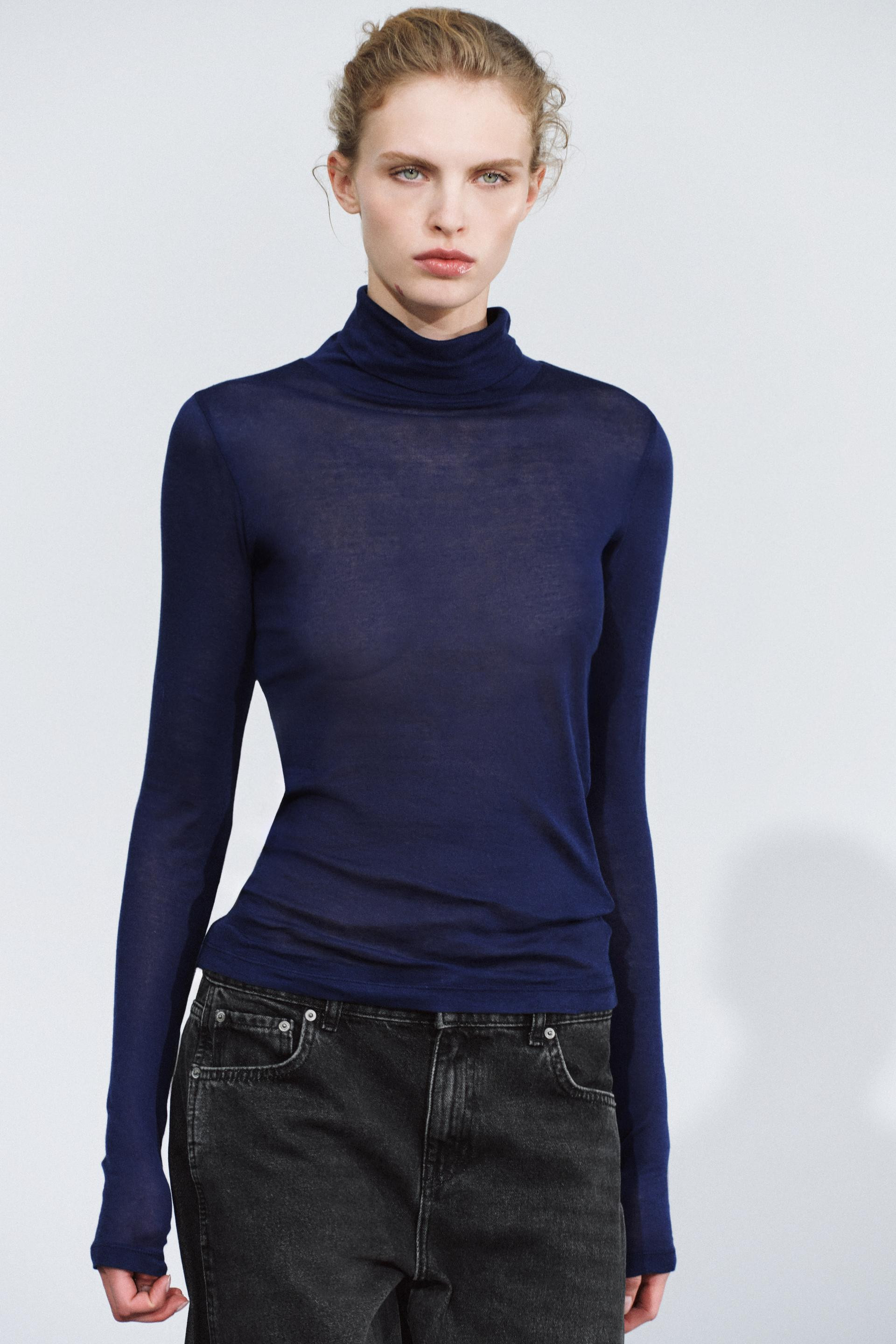 Zara - Supima® High Neck T-Shirt - Navy Blue - M - Woman | Zara UK