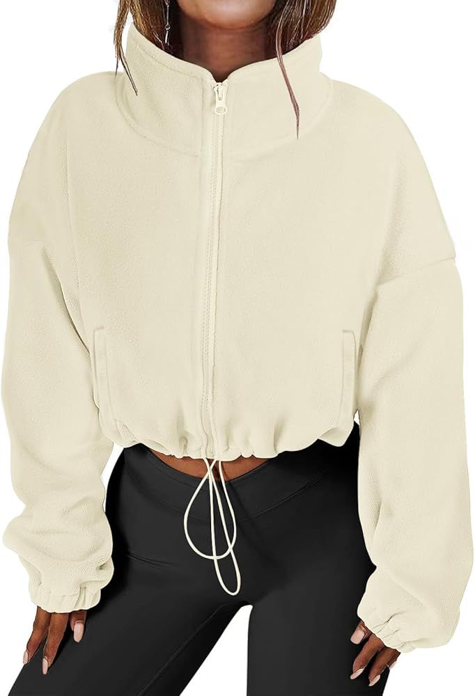 MEROKEETY Womens Long Sleeve Sherpa Fleece Crop Jacket Full Zip Stand Collar Coat with Pocket | Amazon (US)