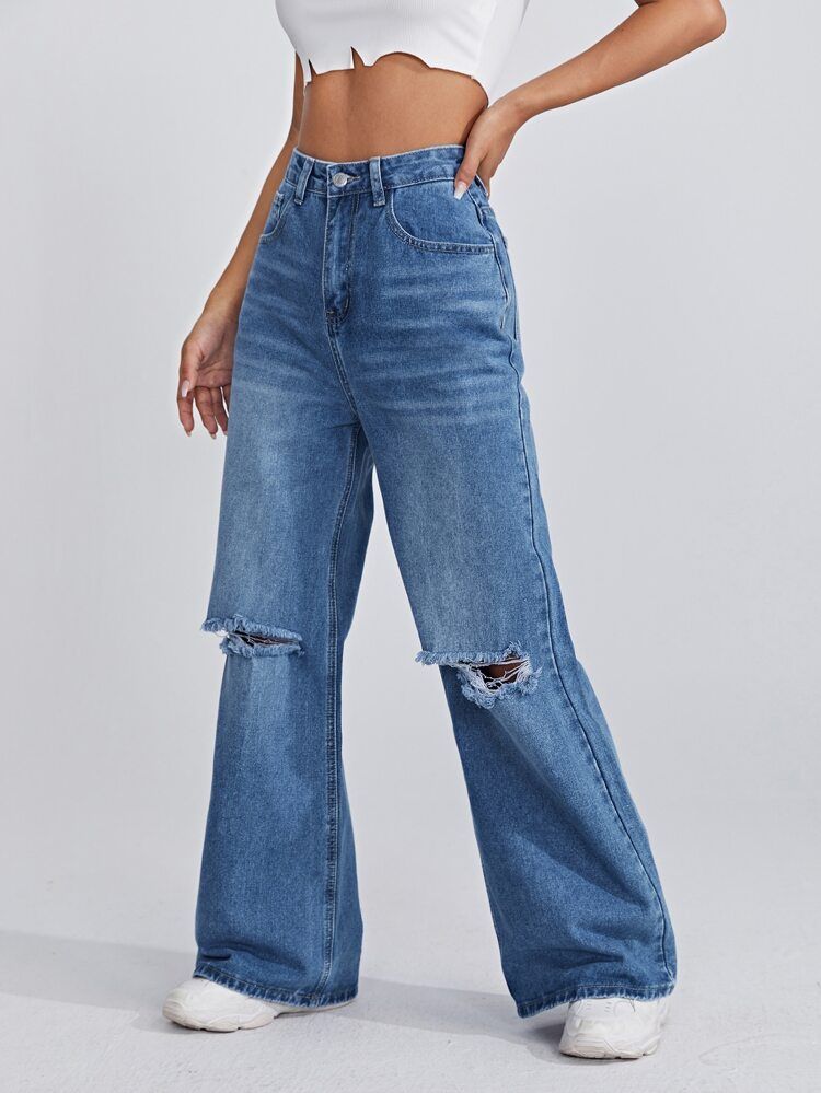 SHEIN High Waist Ripped Wide Leg Jeans | SHEIN