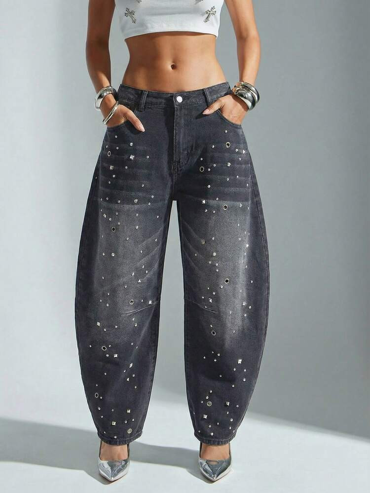 Denimoi Women's Fashion Street Rhinestone Metallic Eyelet Washed Barrel Leg Jeans | SHEIN