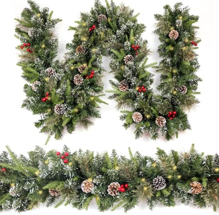 HomeKaren Christmas Garland Snowy 9ft with 50 Lights, Christmas Decor with 50 Led Light Timer for... | Amazon (US)