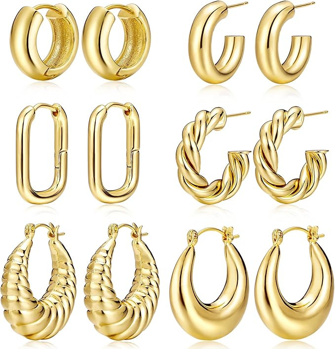 Gold Hoop Earrings for Women,14K Gold Plated Thick Hoop Earrings Pack, Chunky Hoops Set Hypoaller... | Amazon (US)