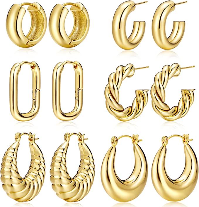 Gold Hoop Earrings for Women,14K Gold Plated Thick Hoop Earrings Pack, Chunky Hoops Set Hypoaller... | Amazon (US)