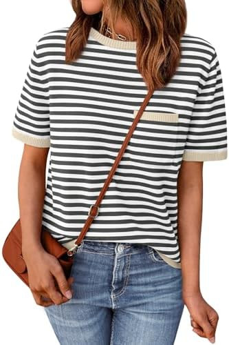 LILLUSORY Womens Striped Short Sleeve Sweater Pullover Shirts with Chest Pocket | Amazon (US)