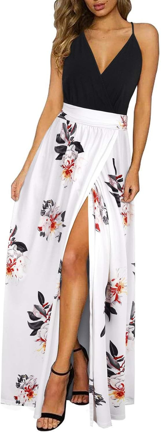 Newshows Women Summer 2025 Maxi Dress Vacation Floral Spaghetti Strap Spring Casual Boho Split Be... | Amazon (US)