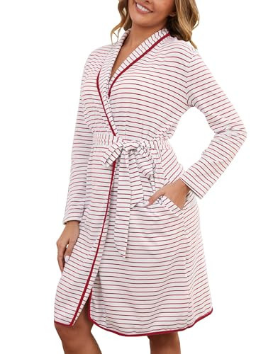 Namatime Cotton Robes for Women Striped Long Sleeve Kimono Bath Robe Lightweight House Coat Bathrobe Loungewear with Pockets ladies Housecoats Sleepwear Red White Wide Stripe Small | Amazon (US)