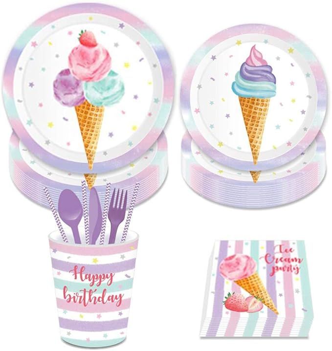Ice Cream Party Supplies,Ice Cream Birthday Decorations Set Includes Disposable Dinner Plates, De... | Amazon (US)