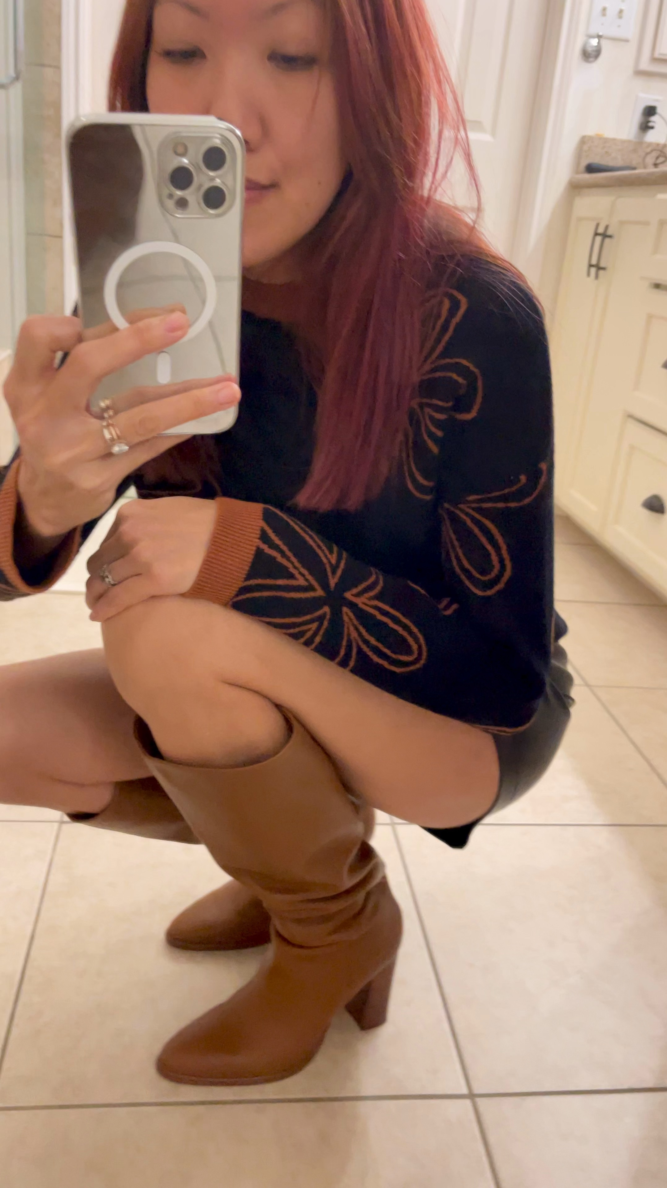 Fall holiday style tip // the taller, the boot, the shorter of the skirt/short and Black and Brown is in- Especially leather! I am wearing a faux leather skort skirt with a black and brown floral printed sweater

#LTKStyleTip #LTKHoliday #LTKVideo