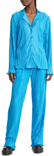 Notched Collar Plissé Top & High Waist Pants Set | Nordstrom