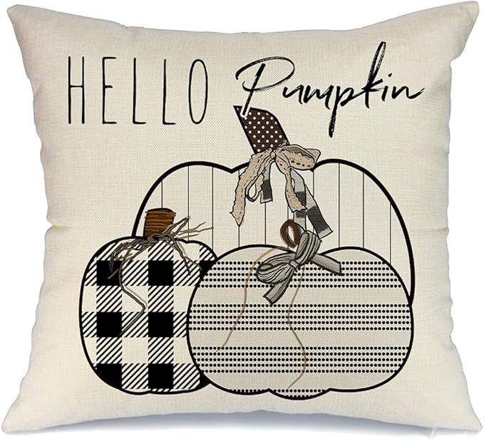 AENEY Fall Decor Pillow Cover 18x18 inch Black and White Buffalo Check Plaid Stripes Pumpkin Outd... | Amazon (US)