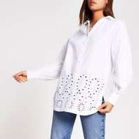 River Island White Broderie Hem Long Sleeve Shirt | River Island UK & IE