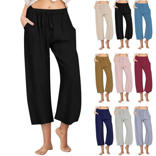 SMIDOW Cotton Linen Pants for Women 2025 Wide Leg Cropped Lounge Trousers Drawstring Elastic Waist Summer Beach Pant Outfits Black Flowy Capri Pants for Women S | Amazon (US)