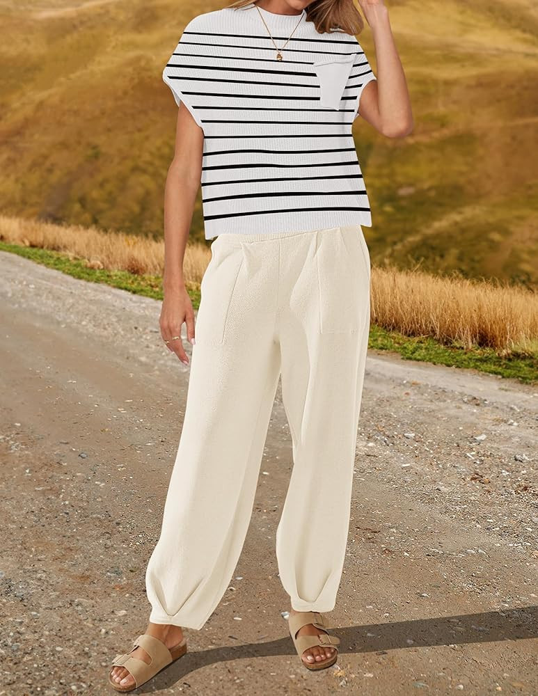 ZESICA Women's 2 Piece Outfits Sweater Set Short Sleeve Mock Neck Knit Pullover Top High Waist Pant  | Amazon (US)