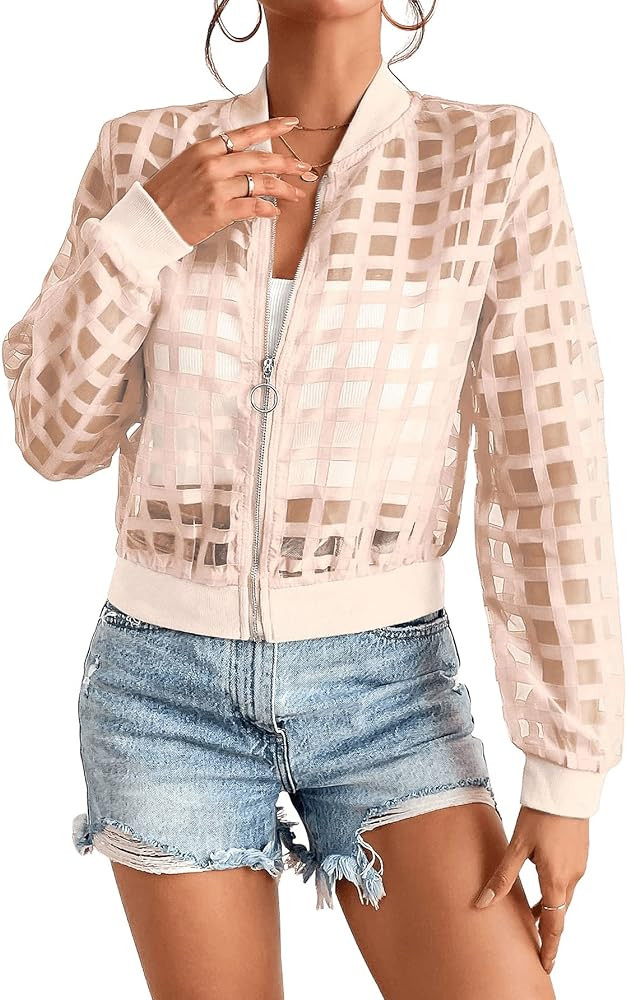 Floerns Women's Hollow Out Long Sleeve Baseball Collar Zip Up Bomber Jacket | Amazon (US)