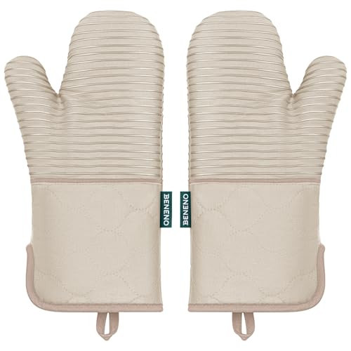 Beneno Kitchen Oven Mitts 2-Pack Heat Resistant to 500°F with Non-Slip Silicone Grip, Extra Long 14.3" Forearm Protection, Soft Quilted Cotton Terry Lining, Ideal for Cooking, Baking, Grilling, Beige | Amazon (US)