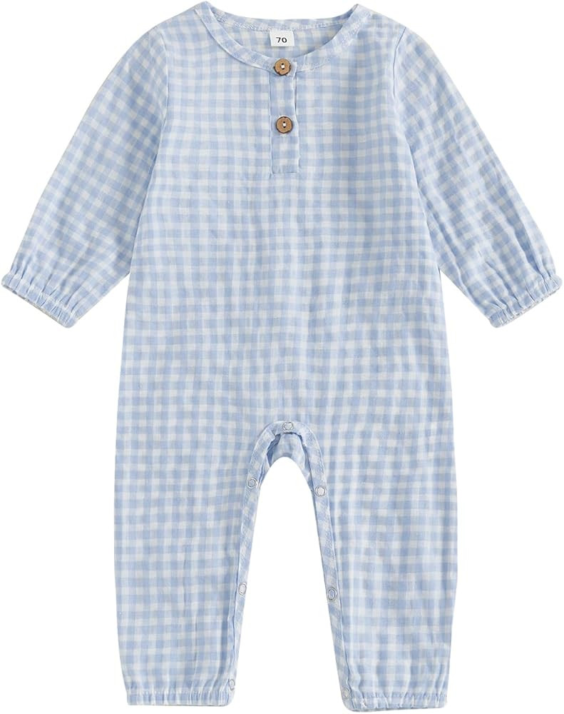 Baby Boy Girl Gingham Jumpsuit Long Sleeve Plaid Romper Button Playsuit Unisex Fall Casual One Pi... | Amazon (US)