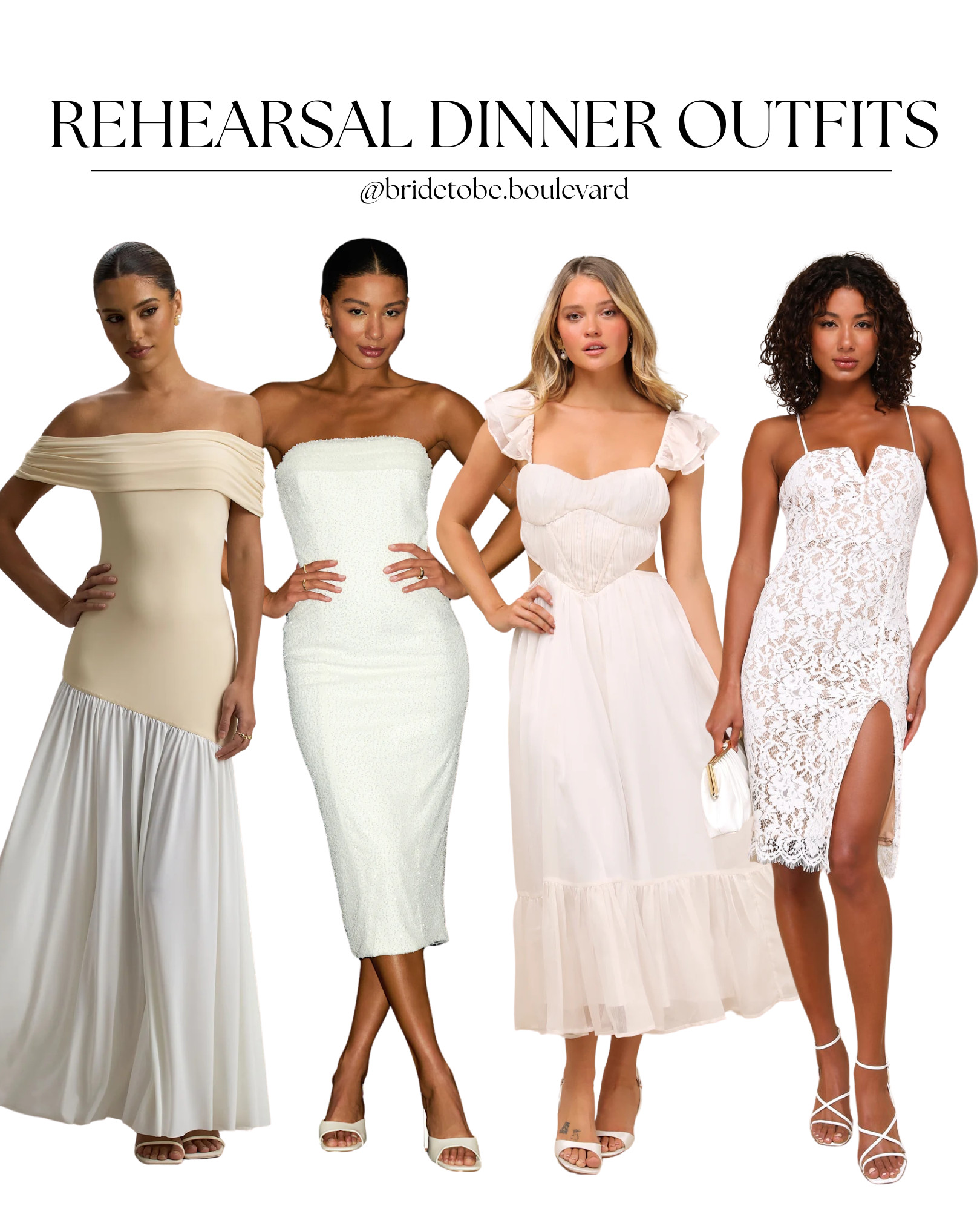 🤍 Neutral & Lace Rehearsal Dinner Looks for the Bride 🤍
Not every bride wears white — these rehearsal dinner outfits prove that neutrals, lace, and texture can steal the show just as beautifully 👏

Featuring:
— An off-the-shoulder asymmetrical maxi in a soft, champagne beige 💫
— A strapless bodycon midi with beaded embellishments for subtle glam ✨
— A dreamy ruffle-strap corset maxi with cutouts for a breezy but bold look 💐
— A romantic lace midi with a side slit — effortlessly feminine and flattering 💕

#NeutralBridalStyle #RehearsalDinnerLooks #BrideToBeBoulevard #LaceBridalDress #BeadedBridalLooks #ModernBrideStyle #BridalInspo #WeddingWeekendStyle #BrideStyle #BridalFashionFinds #LTKBridal #NonTraditionalBride #WeddingGuestStyle 

 #LTKParties #LTKWedding