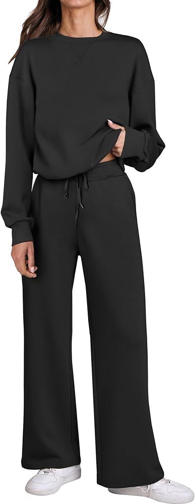 Caracilia Women's 2 Piece Outfits Sweatsuit Fall Crewneck Sweatshirts Wide Leg Pants Lounge Match... | Amazon (US)