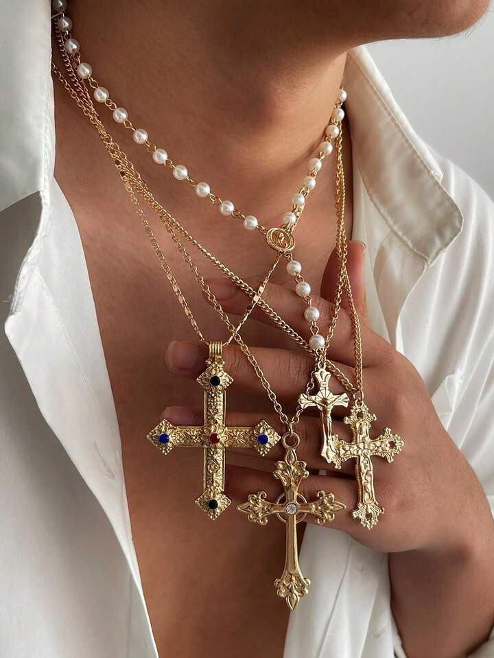 4pcs/Set Rhinestone Crucifix Pendant Necklace, Punk Hip-Hop Splicing Sweater Chain, Stylish Streetwear Jewelry For Men And Women, 2025 Spring/Summer Accessory Gift | SHEIN