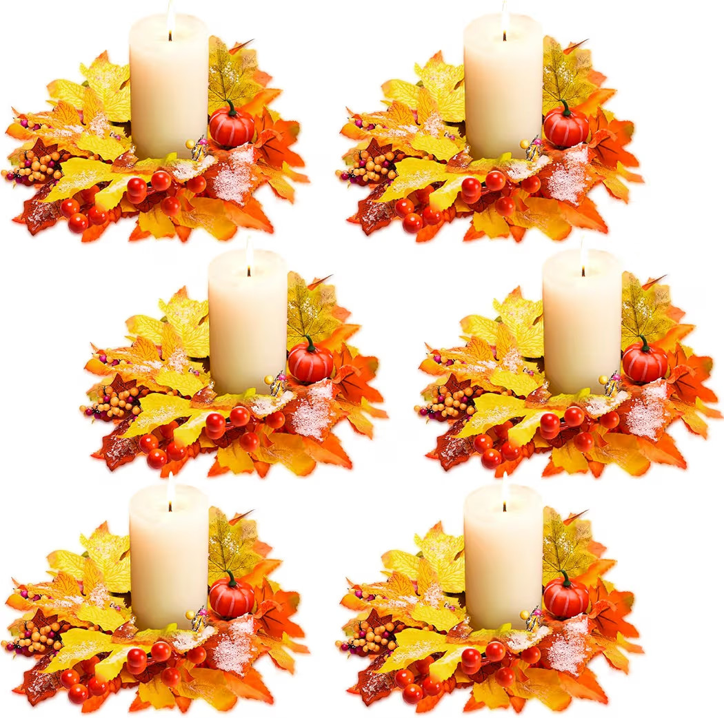 6 Pcs Fall Candle Rings Wreaths Thanksgiving Artificial Pumpkin Maple Leaf Candle Garland with Be... | Amazon (US)
