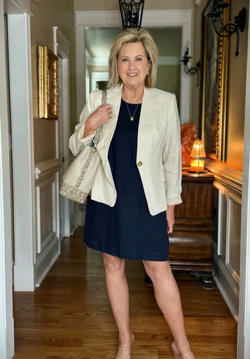 The third look is simple, but gives more of a dressy look. I’ve added a structured blazer and some clear heels. I am wearing a size large in the linen dress and blazer!