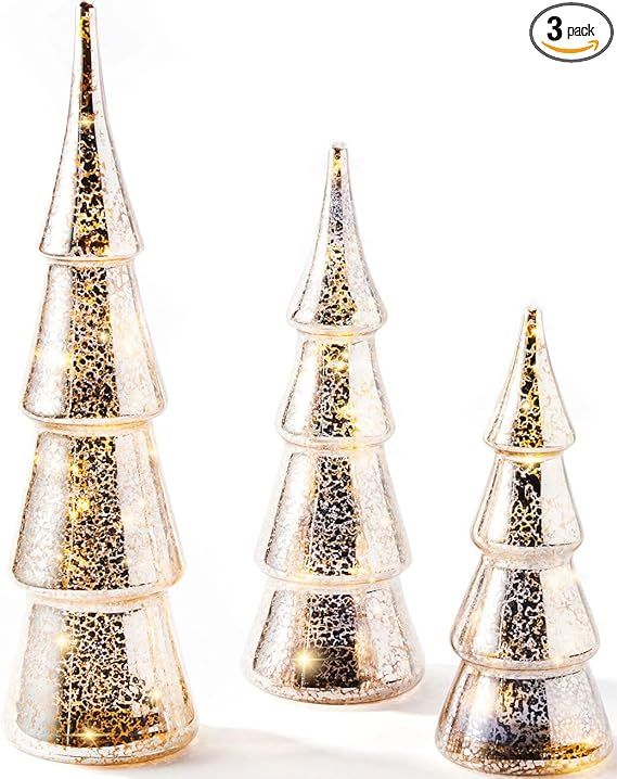 LampLust Mercury Glass Christmas Tree Decoration - Set of 3 Assorted Trees with Fairy Lights, 10 ... | Amazon (US)