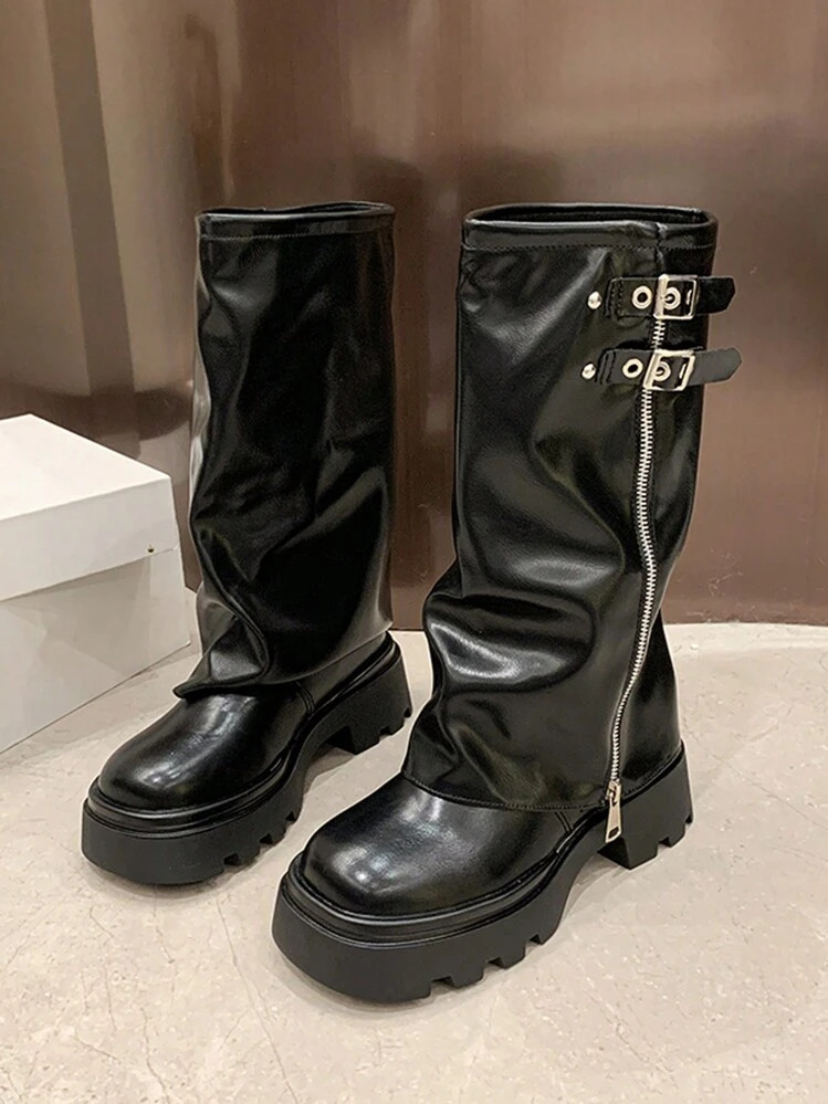 Women Retro Western Cowgirl Boots, Platform Thick Sole Mid-Calf Zipper Riding Boots, Round Toe Chunky Heel Buckle Strap Tube Boots | SHEIN