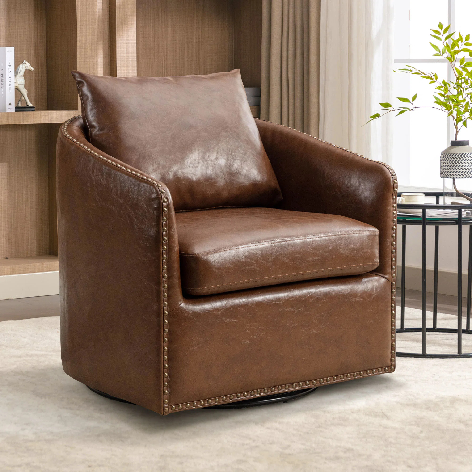 17 Stories Kasia 27.8'' Wide Luxe Soft Swivel Arm Barrel Chair with Nailhead Trim and Removable C... | Wayfair North America