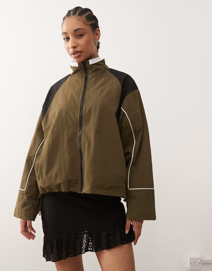 Lioness Shoreline contrast piping collar detail oversized windbreaker jacket in safari green | ASOS (Global)
