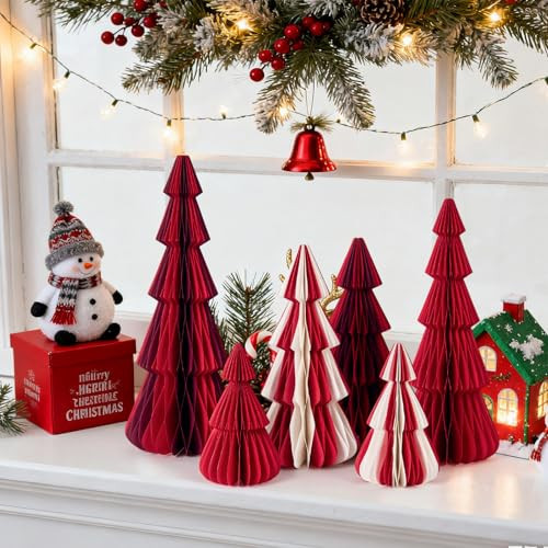 SUNBEAUTY 6 Pcs Red Paper Christmas Tree Christmas Tree Centerpiece,3D Honeycomb Trees Table Centerpiece for Christmas Holiday Home Party Office Decor | Amazon (US)