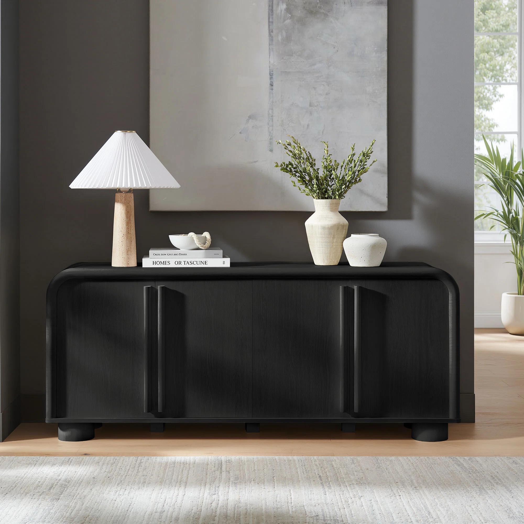 Brayden Studio\u00ae Herline Curved 4-Door Sideboard Cabinet In Black Oak | Wayfair | Wayfair North America